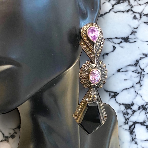 Fabulous Vintage Sterling Silver 925 Large Amethyst Marcasite Onyx